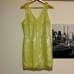 Lime green sequin mini dress, perfect for any party!